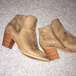 Tan suede booties with wooden heel